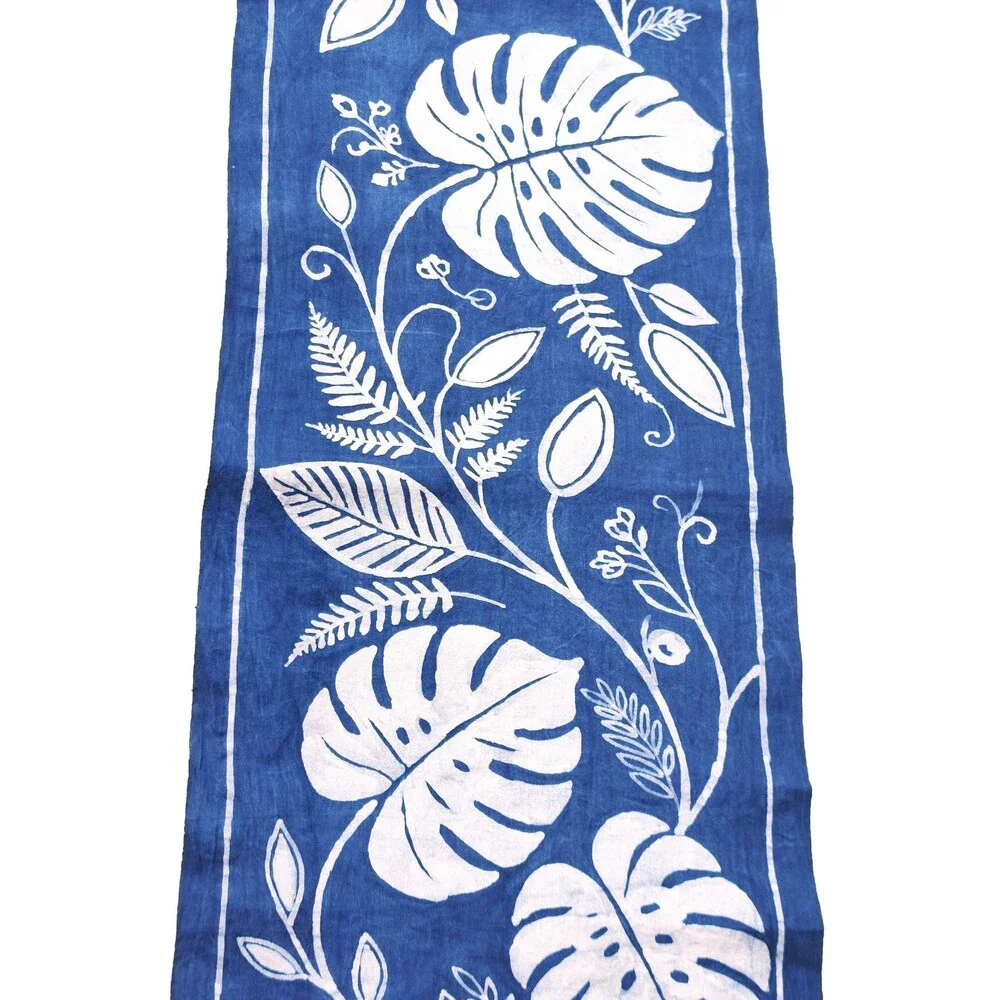 Handmade Indigo Batik Table Runner, Monstera Leaf Botanical Table Decor